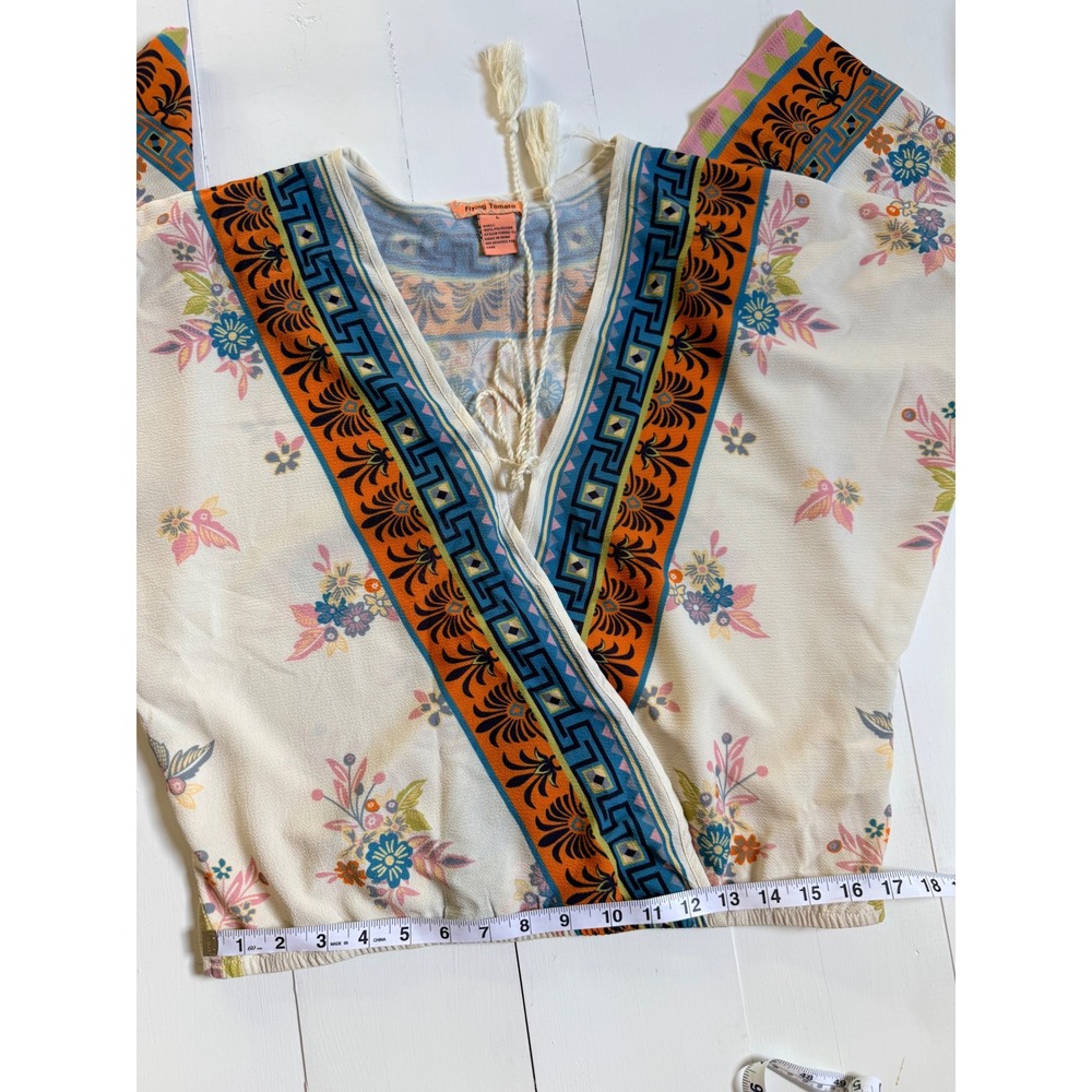 "Desert Carnival Bloom" Boho Floral Geometric Wrap Blouse Batwing Large - Picture 10 of 11